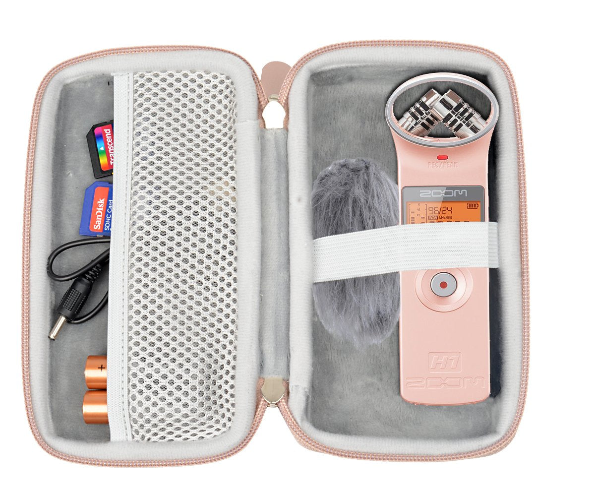 Professional Portable Recorder Case for ZOOM H1, ZH1 Music Recorder with mesh pocket cable, outdoor Microphone Windscreen Muff, Elastic strap, Strong and light weight hard case, Rose Gold WGear