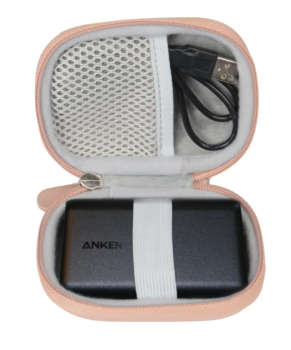 WGear Feature Designed Semi-Hard Case for Anker PowerCore 10000 Portable Charger Exter Batteries, mesh Pocket for Cable, Fastening Elastic Strap, Wrist Strap Rose Gold WGear