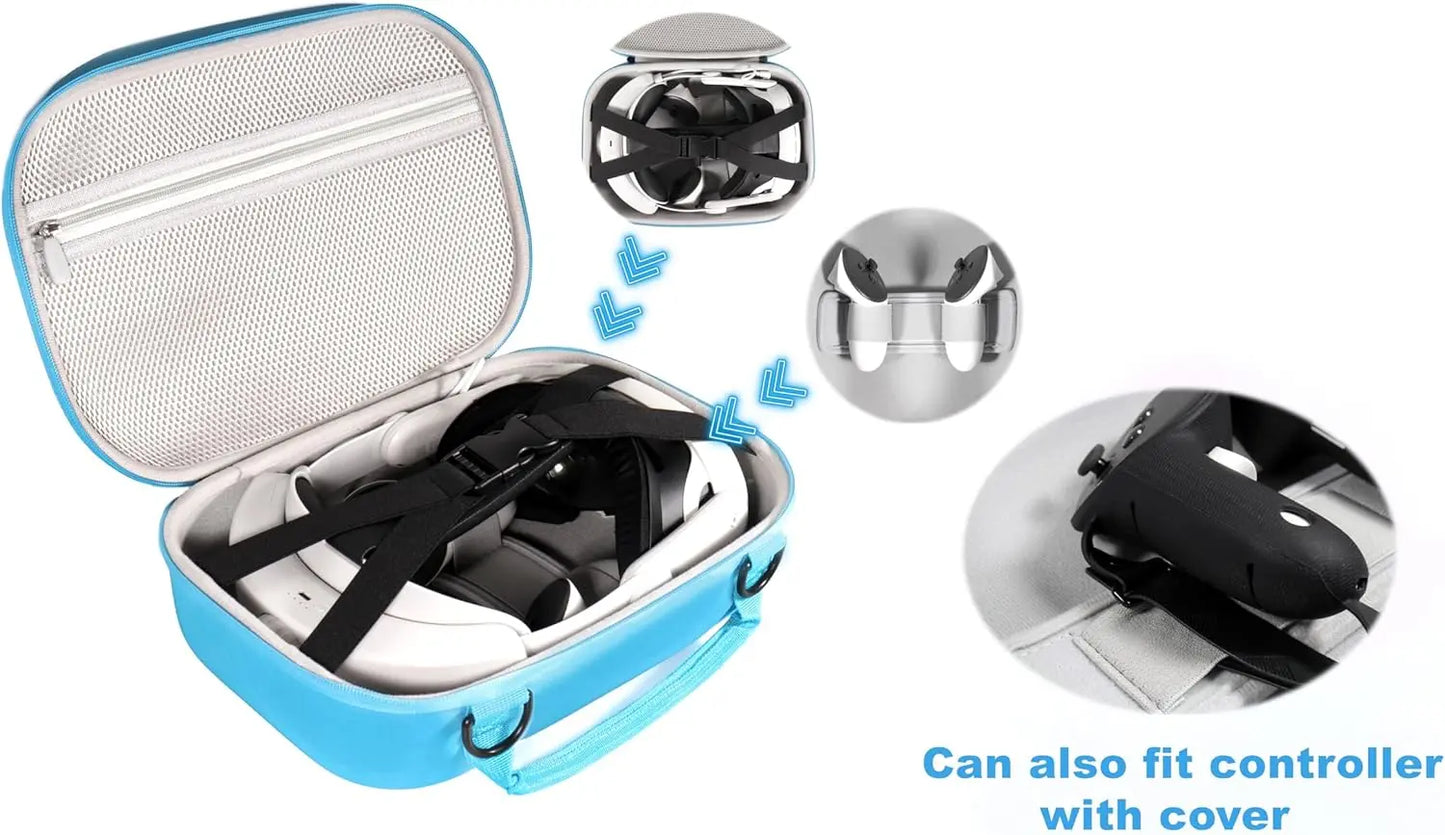 GETGEAR VR Headset Case for compatible with Meta Quest 3/ 3s, Portable travel organizer for VR and controllers with shoulder strap, also fits for Meta Quest 2, Oculus Quest 3, Vision Pro (Blue)