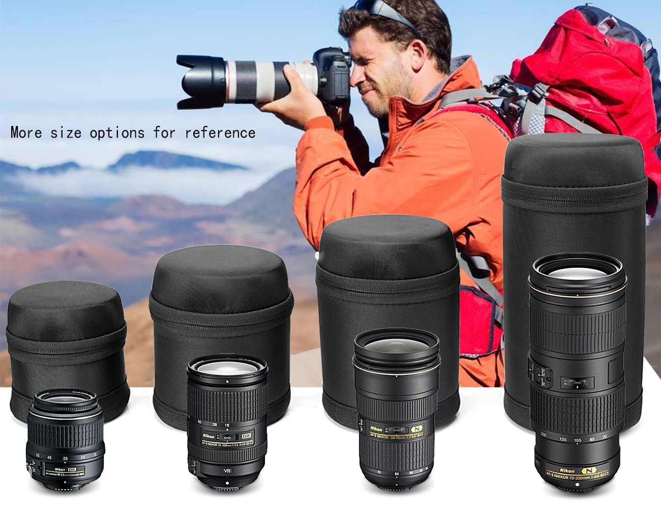 WGear Semi-Hard Lense Case for DSLR Camera Lens (Canon, Nikon, Sony, Pentax, Olympus, Panasonic,etc), Medium Size with Carabiner, Lens Cleaning Wipe (Black Medium) WGear