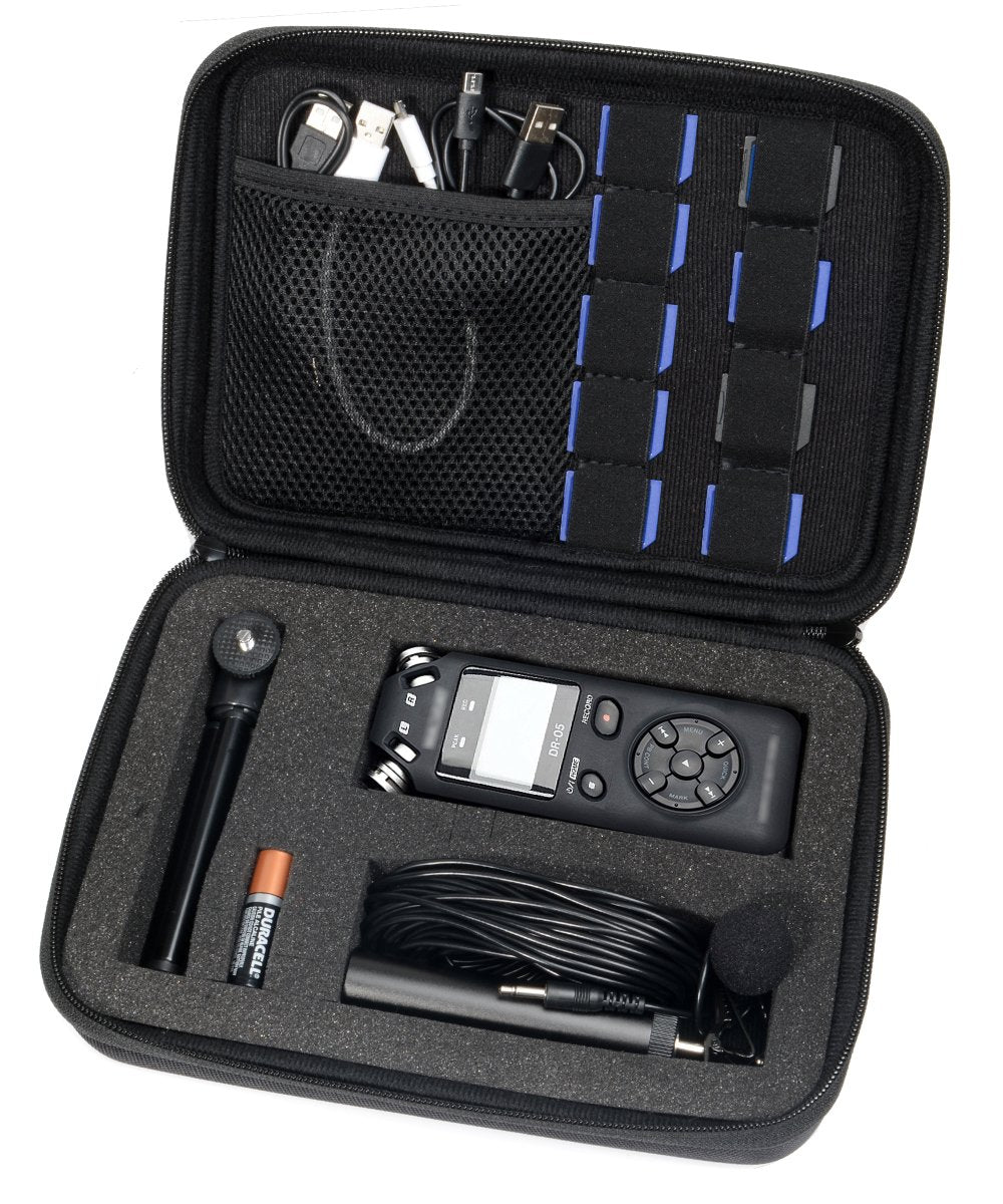 Professional Portable Recorder Case with DIY Foam Inlay for DR-05, DR-40, DR-22L, DR-100MKll, DR-1, Mini Tripod, Adapter, Mic Pop Windscreen, Smart Accessory Padding Solution for SD Cards, cabl WGear