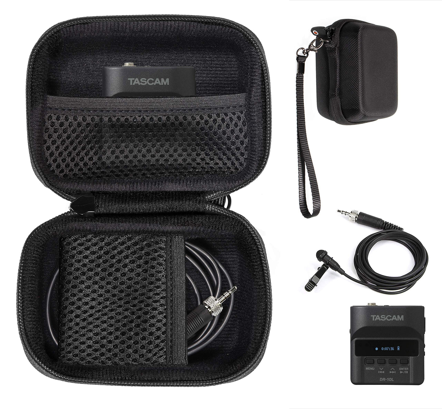 getgear Case for Tscam DR-10L Digital Audio Recorder, mesh Pocket for Lavalier Mic and SD Cards, card reader, Comes with Carabiner for Easy Carrying GETGEAR