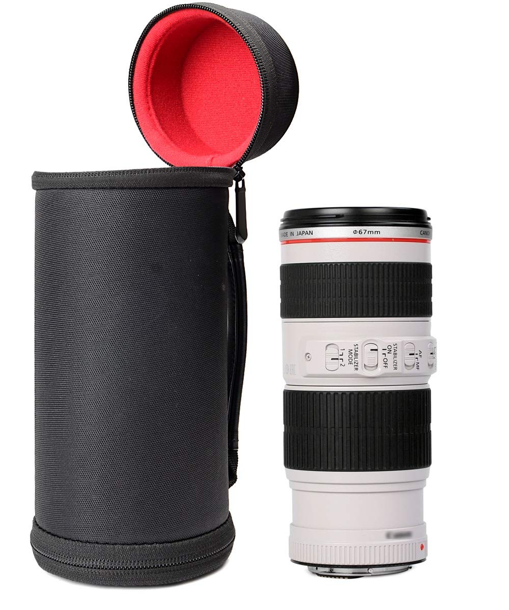 WGear Semi-Hard Lense Case for DSLR Camera Lens (Canon, Nikon, Sony, Pentax, Olympus, Panasonic,etc), Medium Size with Carabiner, Lens Cleaning Wipe (Black Medium) WGear