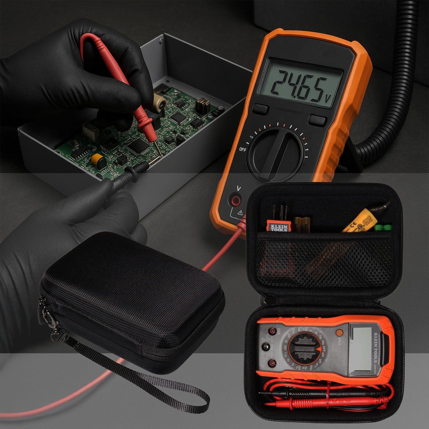 Durable protective cases for Klein Tools, Fluke voltage testers, digital multimeters, and wall scanners – organized storage for electricians and technicians.