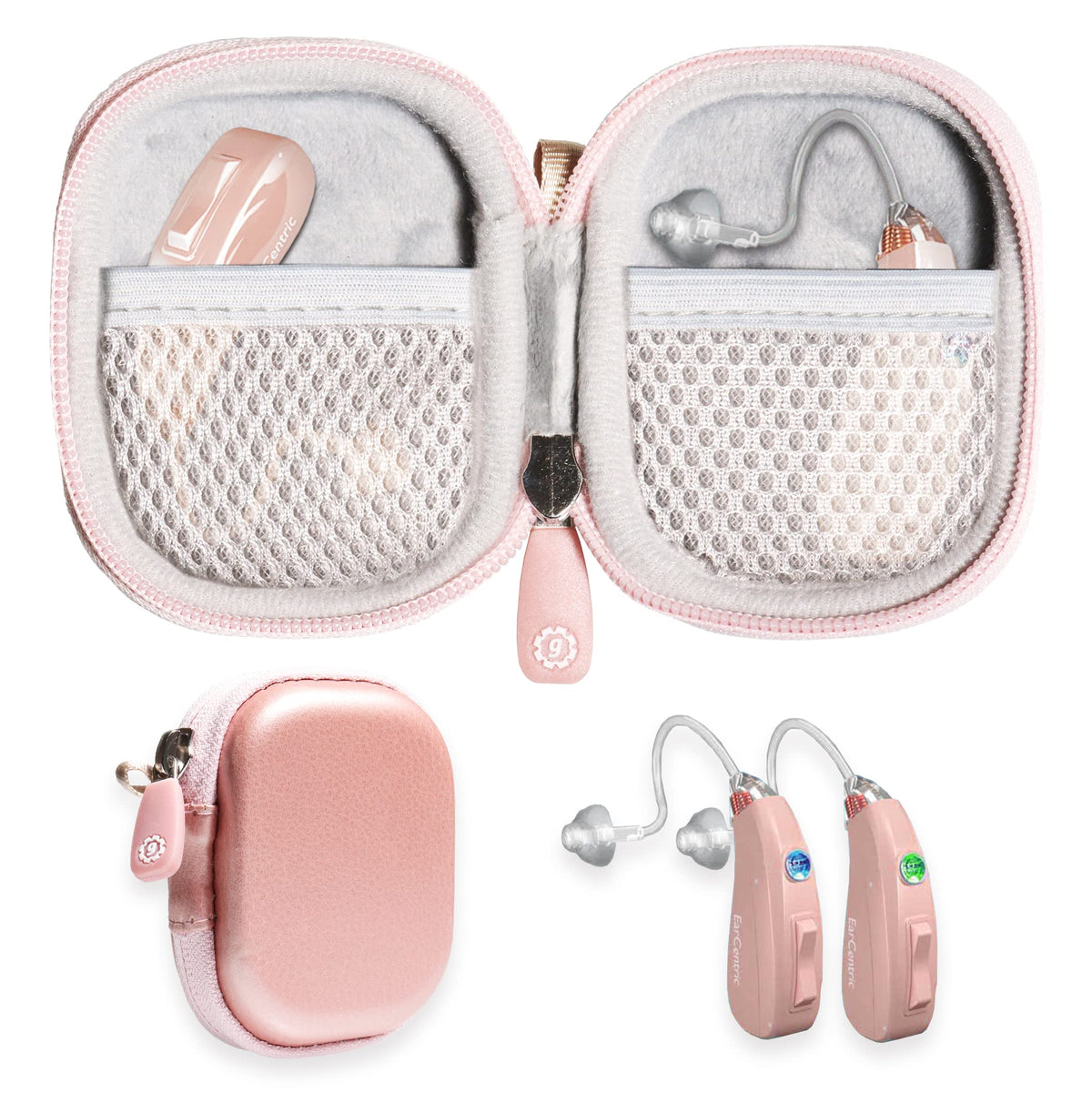 Designed Protective Case for Hearing Aid, Hearing Amplifier, Personal Sound Amplifier, Hearing Device, Listening Device, Strong Mini Case with Mesh pocket(Rose gold) GETGEAR