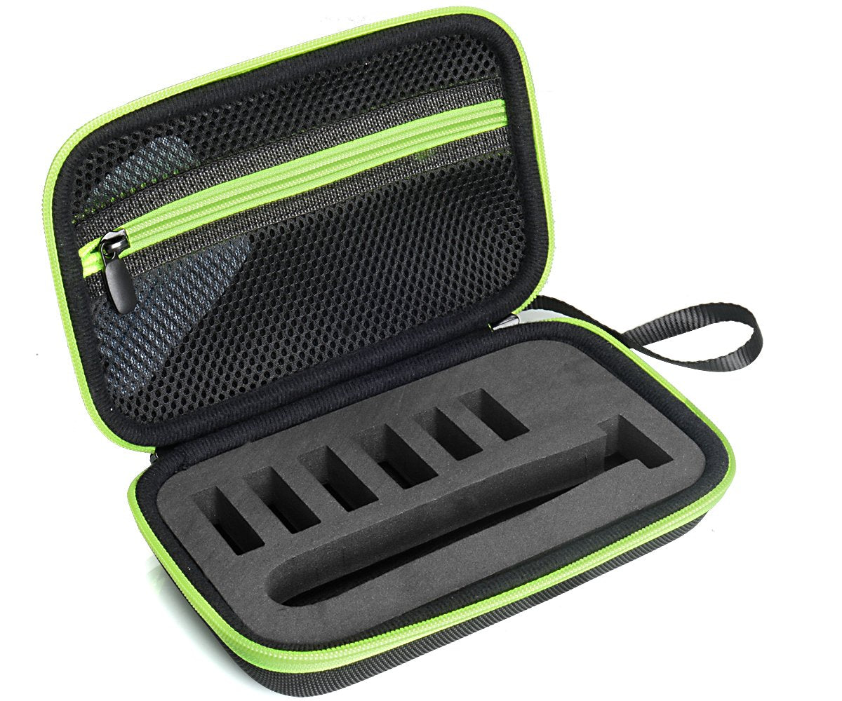 WGear Organizer and Carrying Case for Philips Norelco OneBlade (FFP), OneBlade Face + Body, OneBlade Hybrid Electric Trimmer, Norelco QP2520/70, QP2530, QP2620, QP2630, Black with Green Zipper WGear
