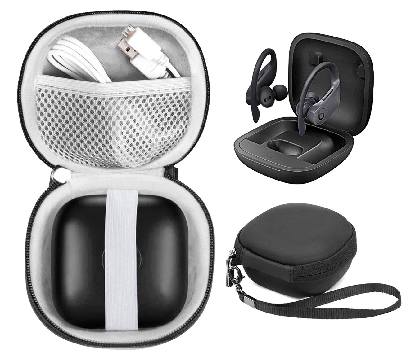 WGear Customized Travel Case for Beats Powerbeats Pro - Totally Wireless Earphones, Mesh Cable Pocket, Elastic Secure Strap, Elite Wrist Strap (Matte Black) WGear