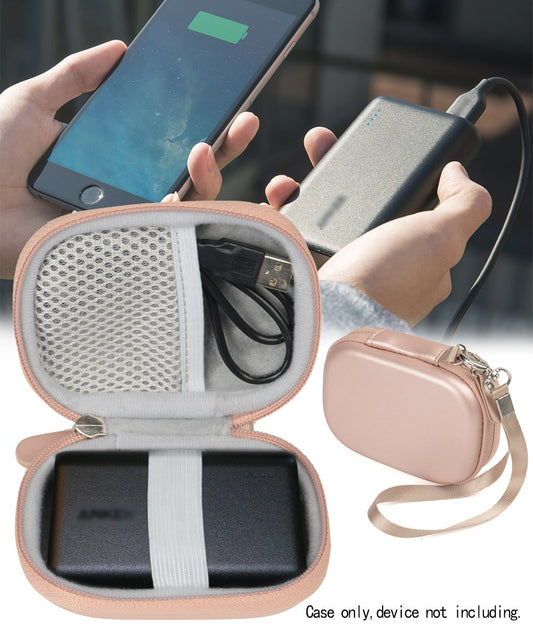 WGear Feature Designed Semi-Hard Case for Anker PowerCore 10000 Portable Charger Exter Batteries, mesh Pocket for Cable, Fastening Elastic Strap, Wrist Strap Rose Gold WGear