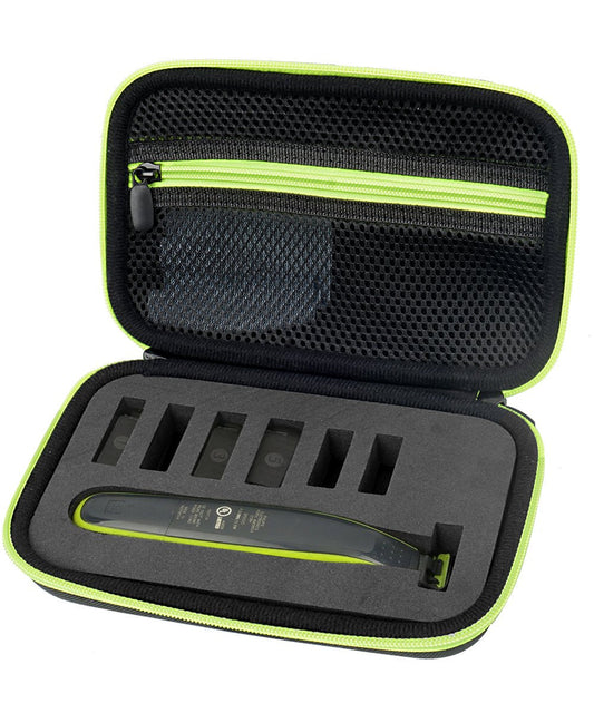 WGear Organizer and Carrying Case for Philips Norelco OneBlade (FFP), OneBlade Face + Body, OneBlade Hybrid Electric Trimmer, Norelco QP2520/70, QP2530, QP2620, QP2630, Black with Green Zipper WGear