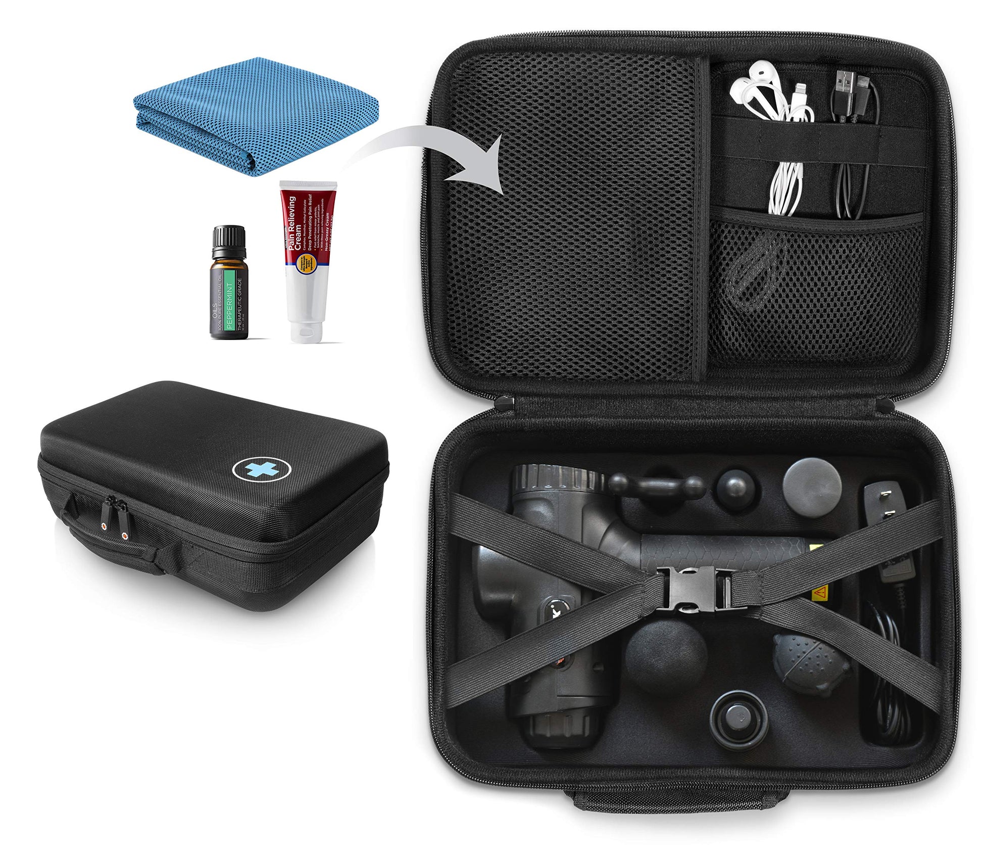 GETGEAR case for 2019 Hyperice Hypervolt Plus with Slots for 5 Head and Attachment, All in one Gym Case for Universal Muscle Massager Gun, Towel, Oil, Cream, Earbuds and Other Carry-on Essentials GETGEAR