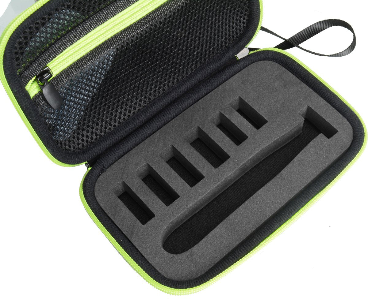 WGear Organizer and Carrying Case for Philips Norelco OneBlade (FFP), OneBlade Face + Body, OneBlade Hybrid Electric Trimmer, Norelco QP2520/70, QP2530, QP2620, QP2630, Black with Green Zipper WGear