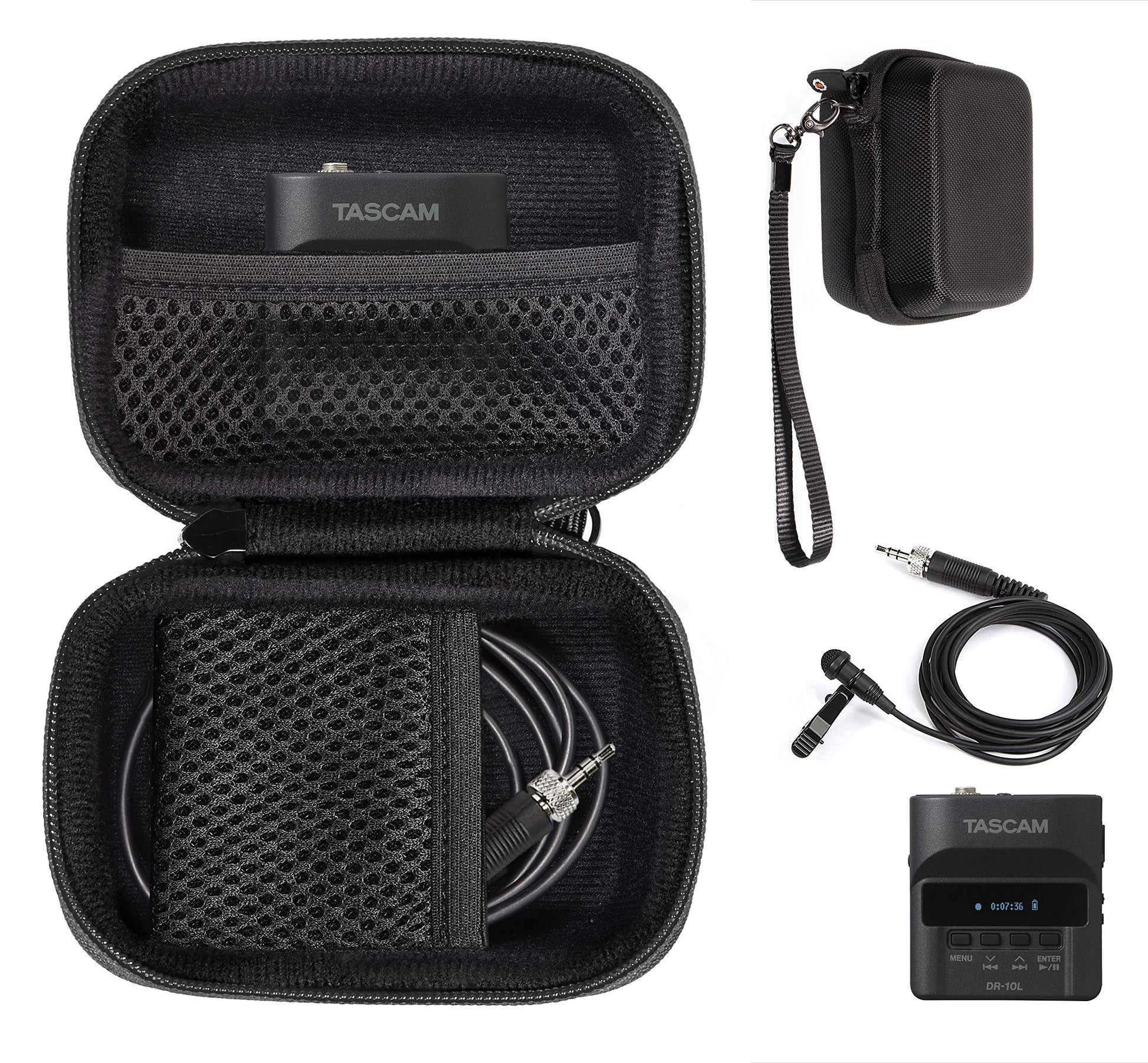 getgear Case for Tscam DR-10L Digital Audio Recorder, mesh Pocket for Lavalier Mic and SD Cards, card reader, Comes with Carabiner for Easy Carrying GETGEAR